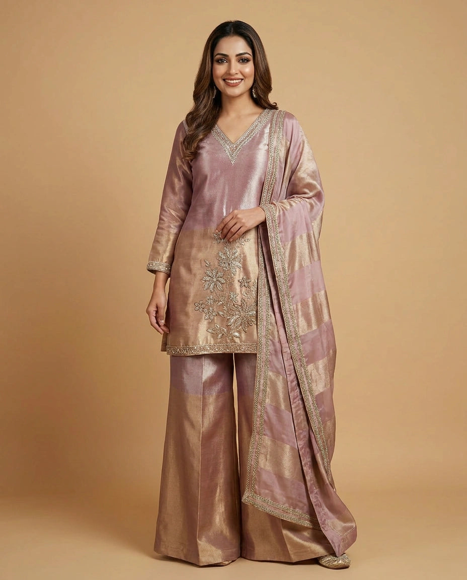 Tissue Suit Palazzo with Golden Embroidery - Rangoli India