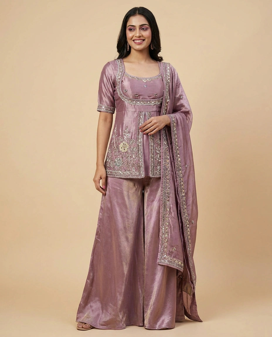 Mauve Tissue Long Choli Palazzo Set with Floral Print - Rangoli India