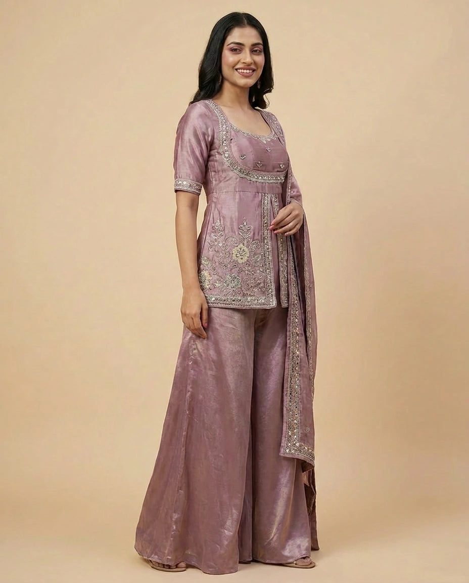 Mauve Tissue Long Choli Palazzo Set with Floral Print - Rangoli India