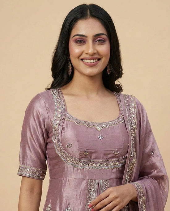 Mauve Tissue Long Choli Palazzo Set with Floral Print - Rangoli India