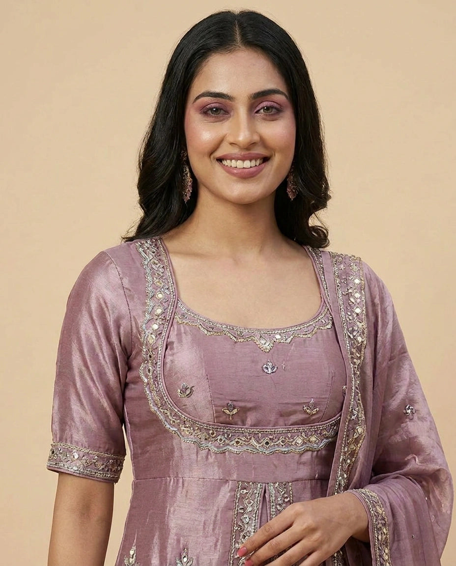 Mauve Tissue Long Choli Palazzo Set with Floral Print - Rangoli India