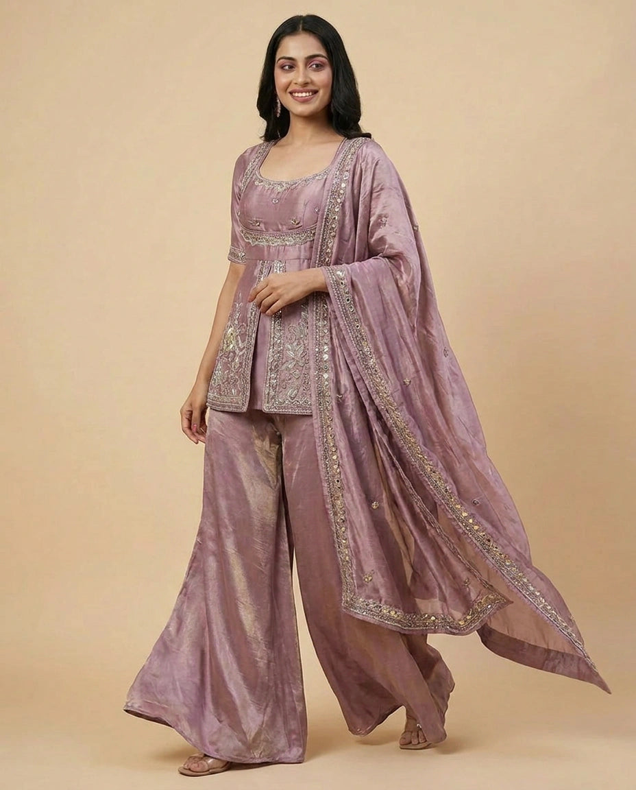 Mauve Tissue Long Choli Palazzo Set with Floral Print - Rangoli India
