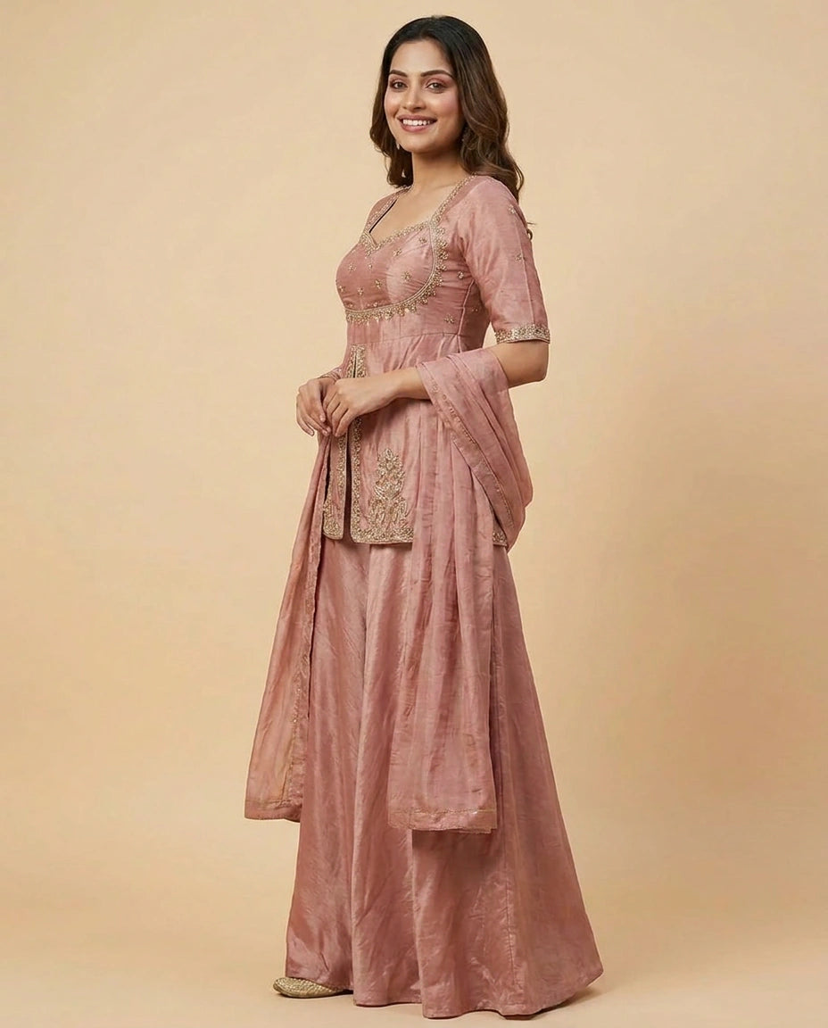 Onion Pink Tissue Long Choli Palazzo Set with Floral Print - Rangoli India