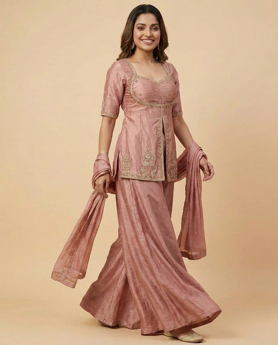 Onion Pink Tissue Long Choli Palazzo Set with Floral Print - Rangoli India