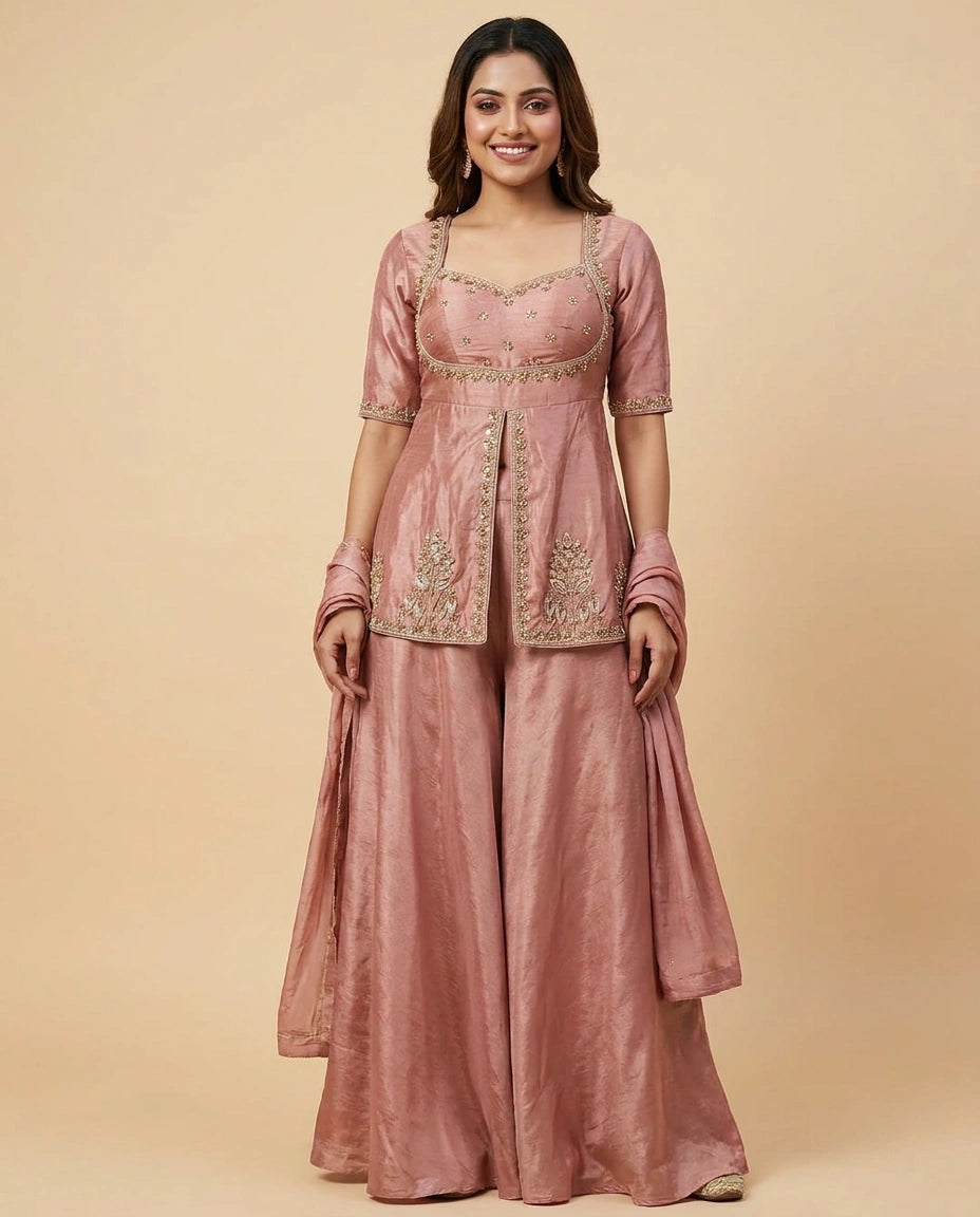 Onion Pink Tissue Long Choli Palazzo Set with Floral Print - Rangoli India