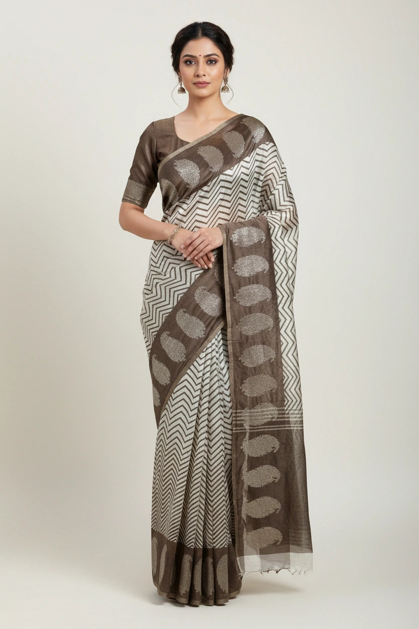 Banarasi Cotton Saree with Contrast Woven Zari Borders | Rangoli