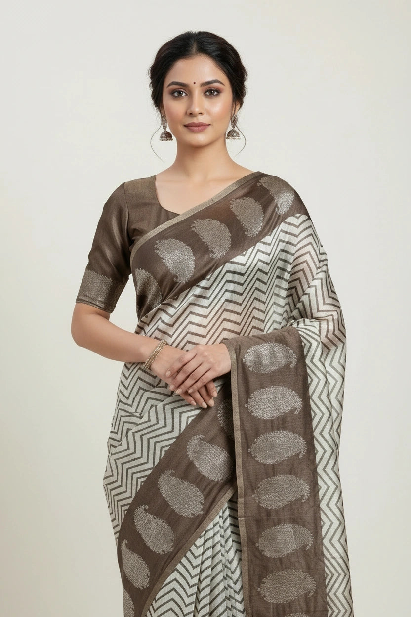 Banarasi Cotton Saree with Contrast Woven Zari Borders - View 2 | Rangoli