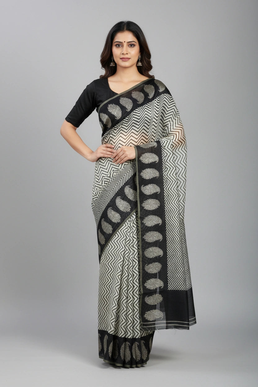Banarasi Cotton Saree with Contrast Woven Zari Borders - View 3 | Rangoli