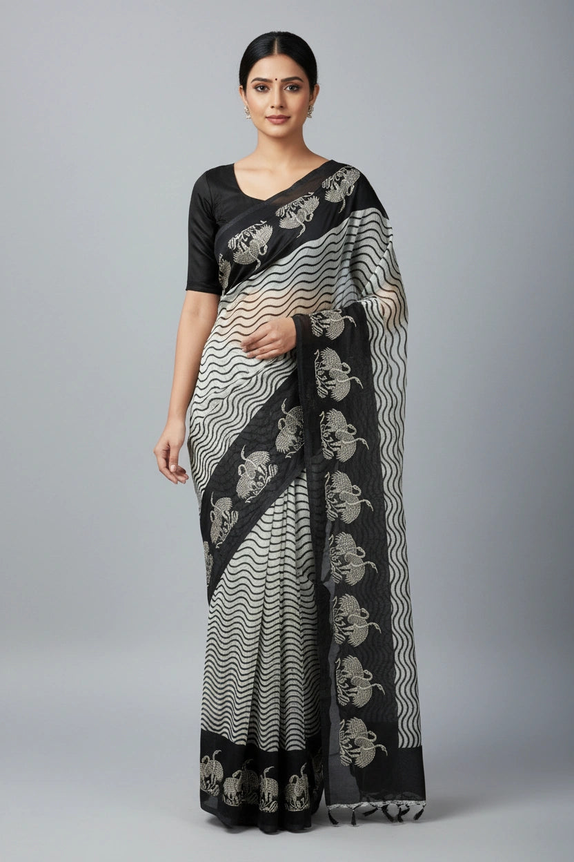 Heritage Banarasi Cotton Saree with Zari Border Motifs | Rangoli