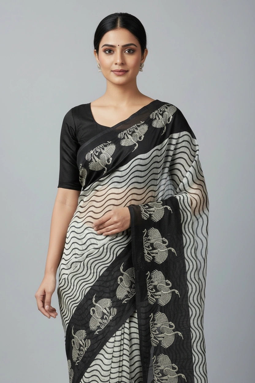 Heritage Banarasi Cotton Saree with Zari Border Motifs - View 2 | Rangoli