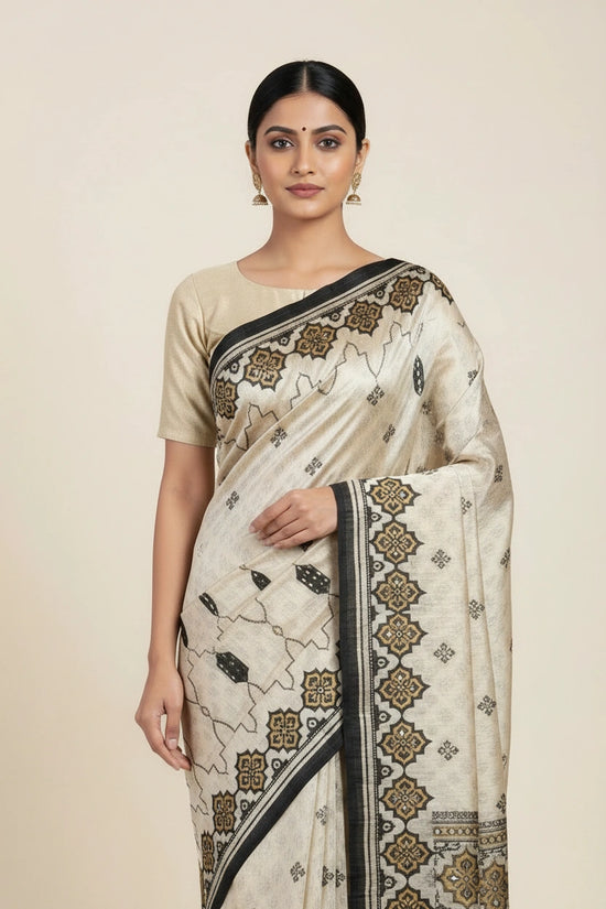 Beige Black Handcrafted Chanderi Silk Embroidered Saree by Rangoli