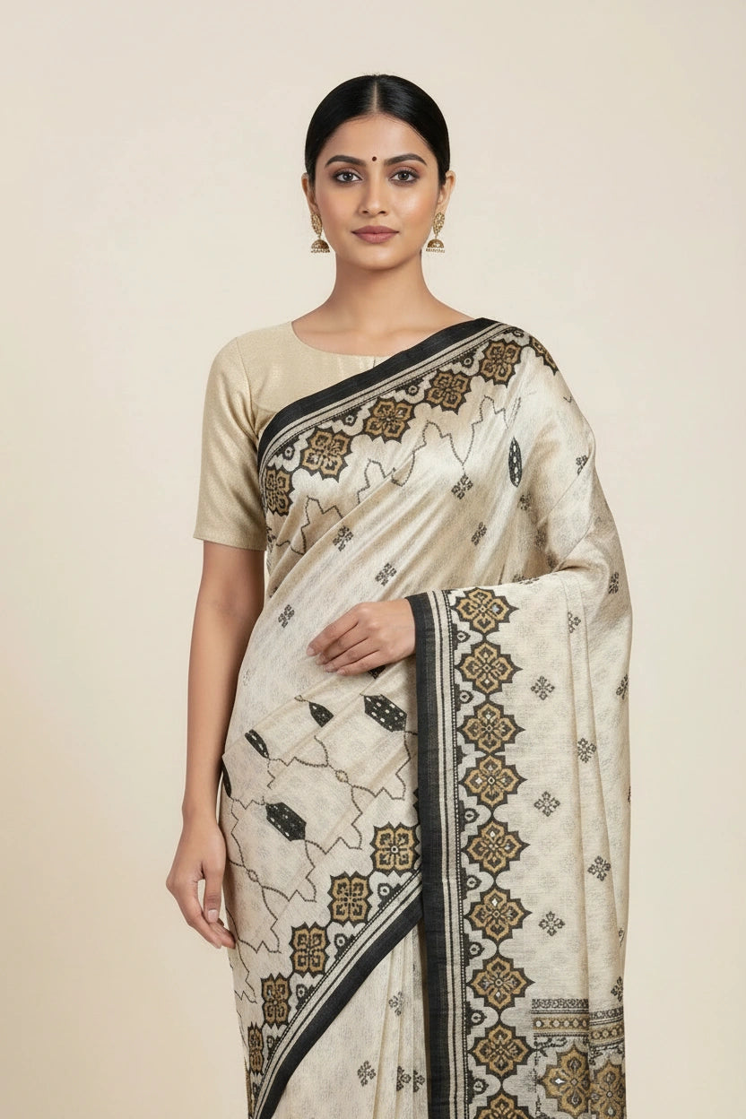 Beige Black Handcrafted Chanderi Silk Embroidered Saree