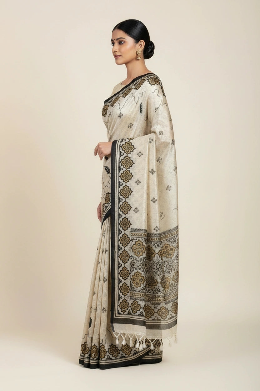 Beige Black Handcrafted Chanderi Silk Embroidered Saree