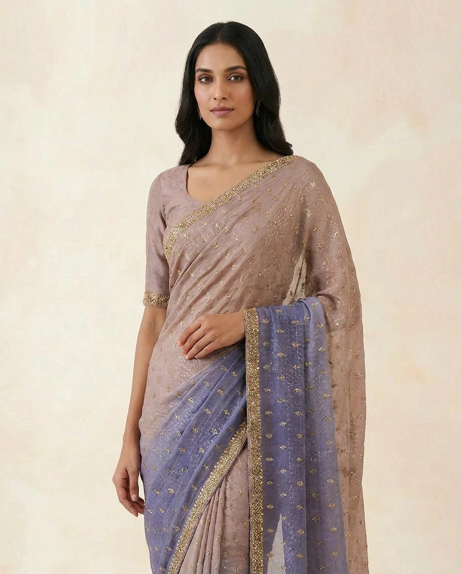Lavender Satin Embroidered Saree for Wedding Occasions