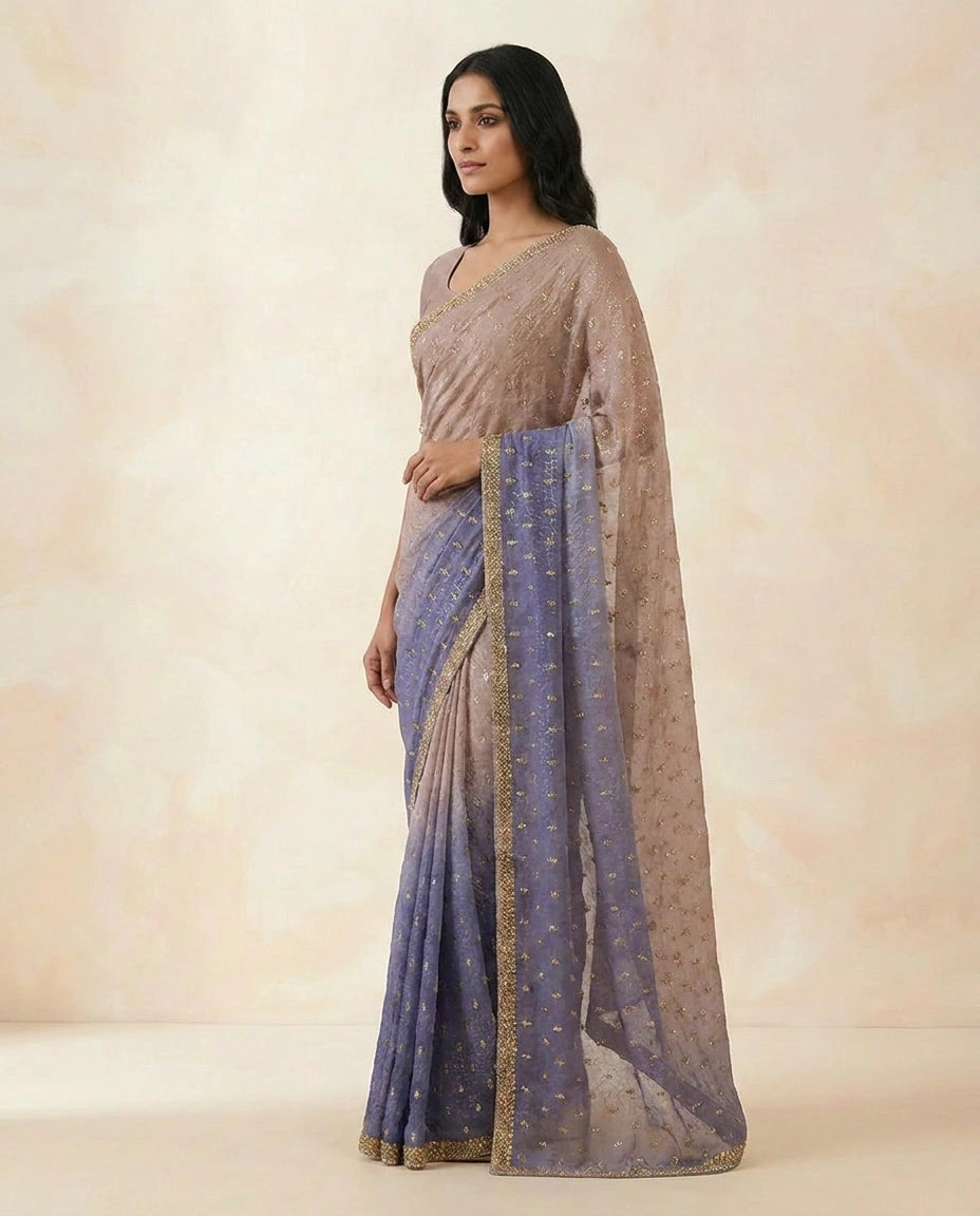Lavender Satin Embroidered Saree for Wedding Occasions