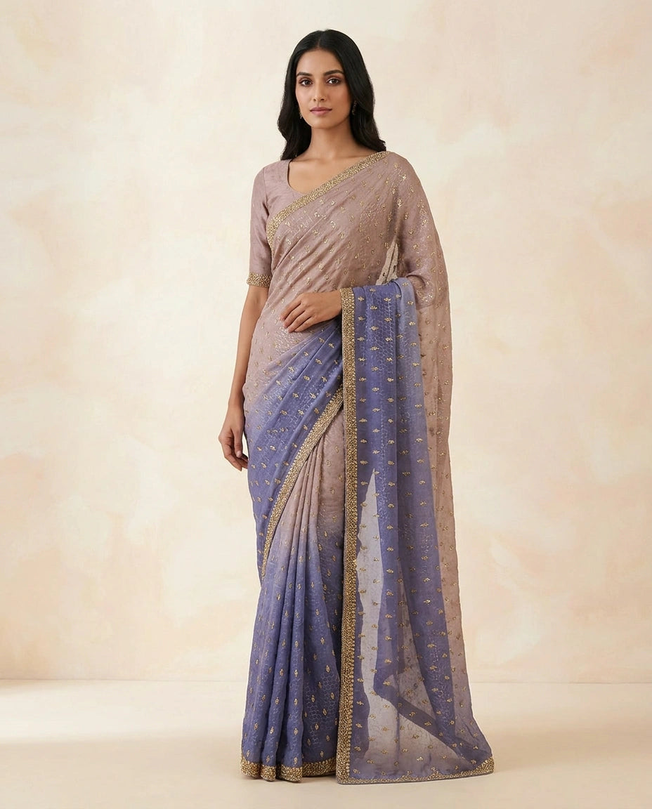 Lavender Satin Embroidered Saree for Wedding Occasions