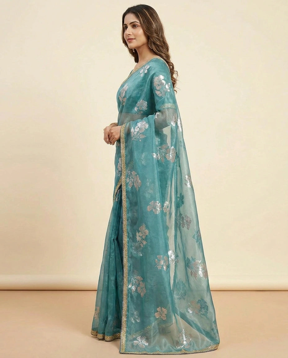 Sky Blue and Pink Satin Embroidered Saree for Weddings