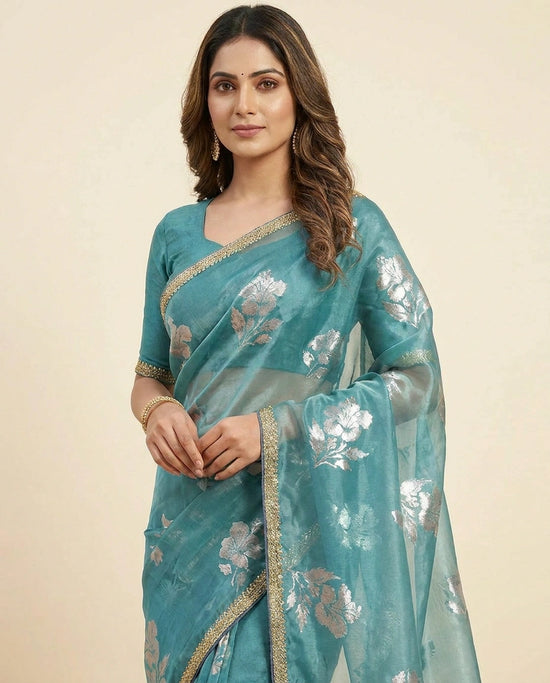 Sky Blue and Pink Satin Embroidered Saree for Weddings