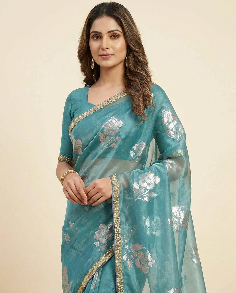 Sky Blue and Pink Satin Embroidered Saree for Weddings