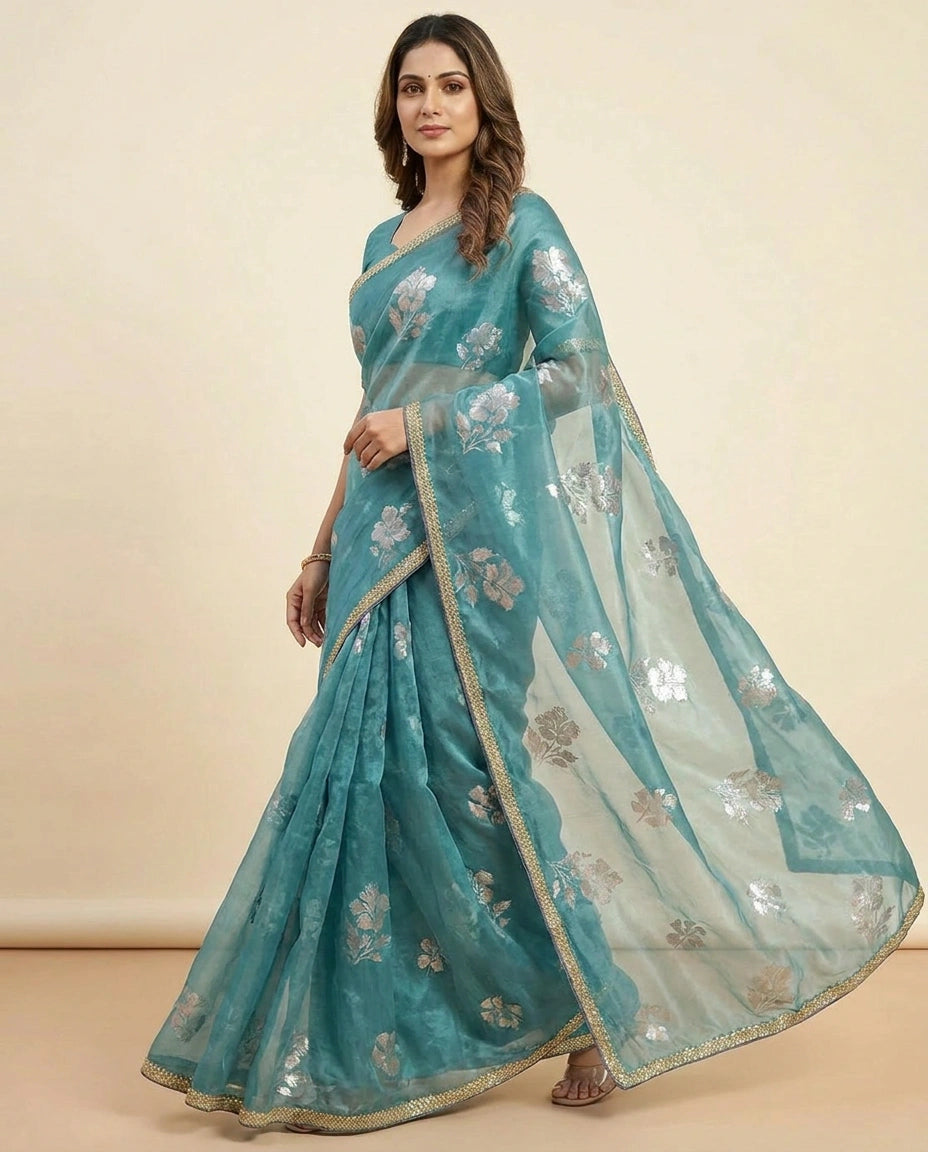 Sky Blue and Pink Satin Embroidered Saree for Weddings