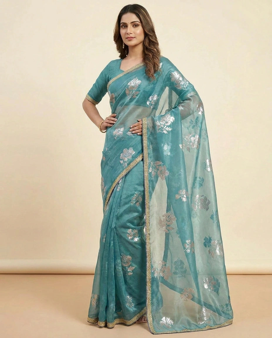 Sky Blue and Pink Satin Embroidered Saree for Weddings