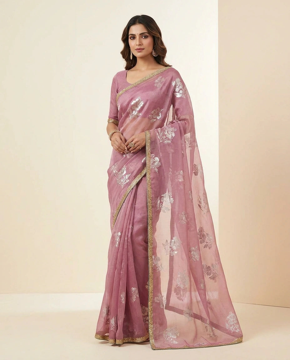 Sky Blue and Pink Satin Embroidered Saree for Weddings
