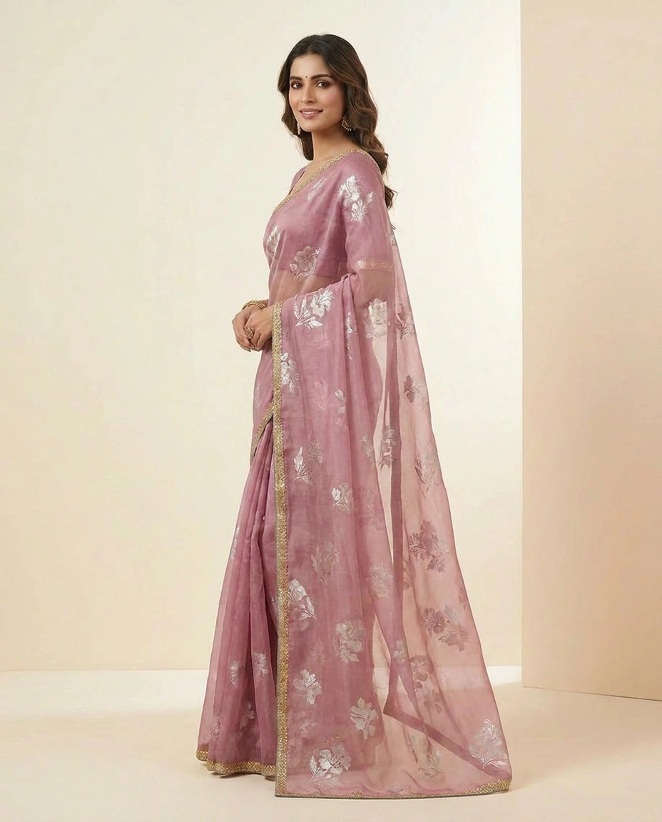 Sky Blue and Pink Satin Embroidered Saree for Weddings