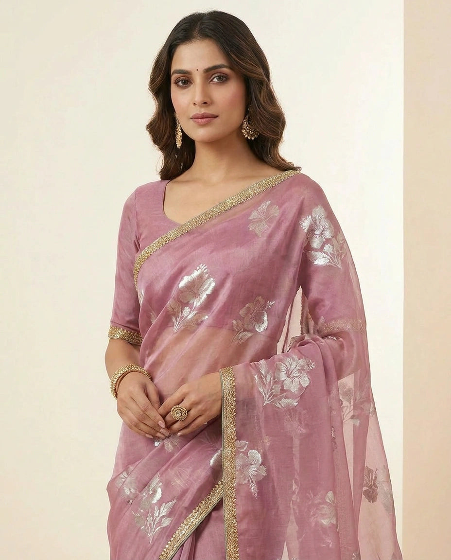 Sky Blue and Pink Satin Embroidered Saree for Weddings