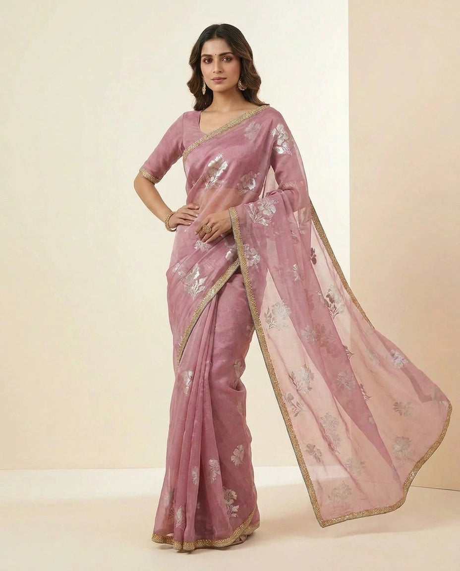 Sky Blue and Pink Satin Embroidered Saree for Weddings