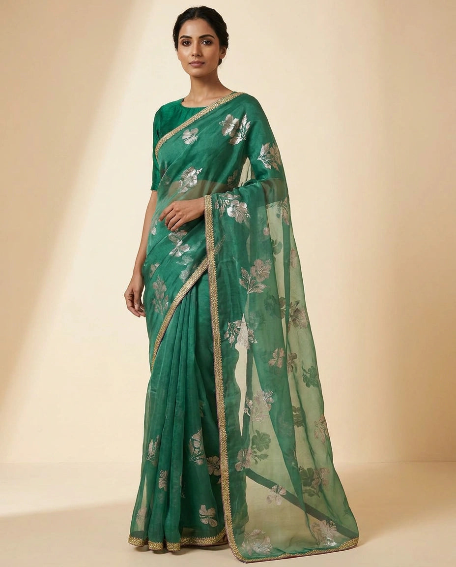 Sky Blue and Pink Satin Embroidered Saree for Weddings