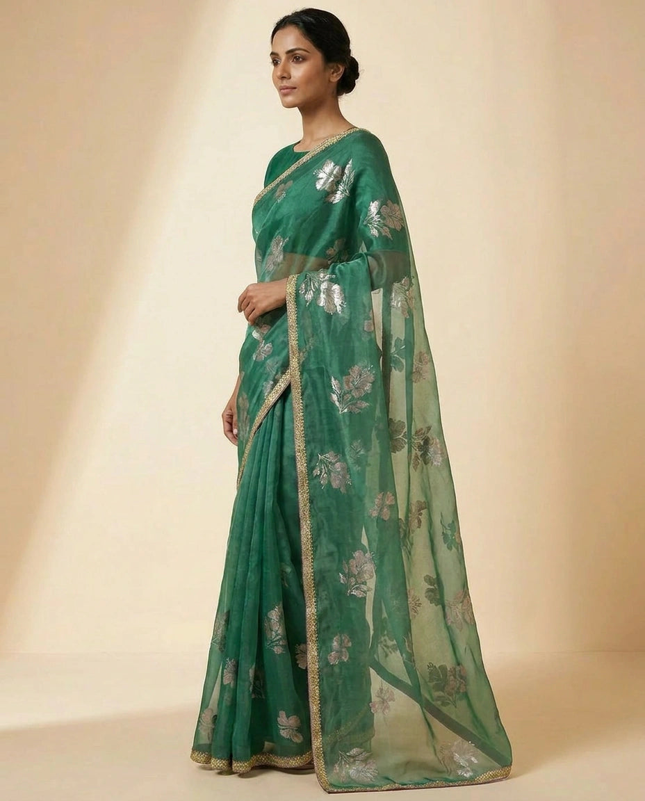 Sky Blue and Pink Satin Embroidered Saree for Weddings