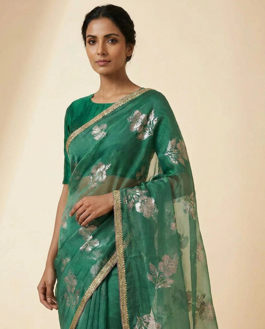 Sky Blue and Pink Satin Embroidered Saree for Weddings