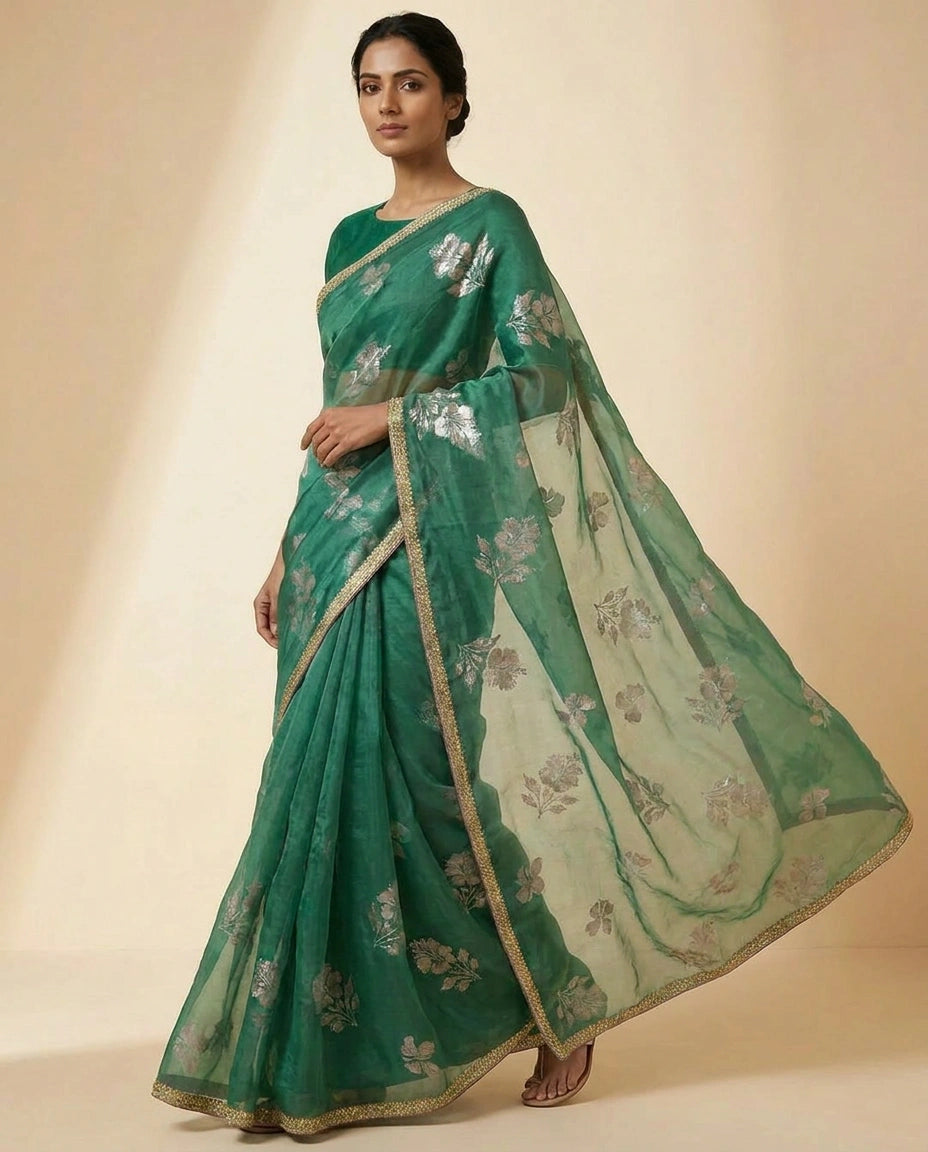 Sky Blue and Pink Satin Embroidered Saree for Weddings