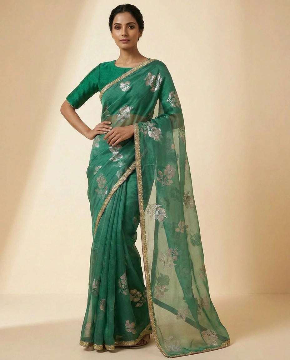 Sky Blue and Pink Satin Embroidered Saree for Weddings