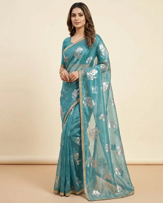 Sky Blue and Pink Satin Embroidered Saree for Weddings