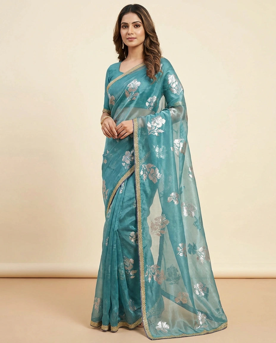 Sky Blue and Pink Satin Embroidered Saree for Weddings