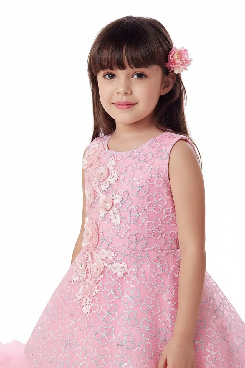 Young girl wearing a pink floral dress on a white background
