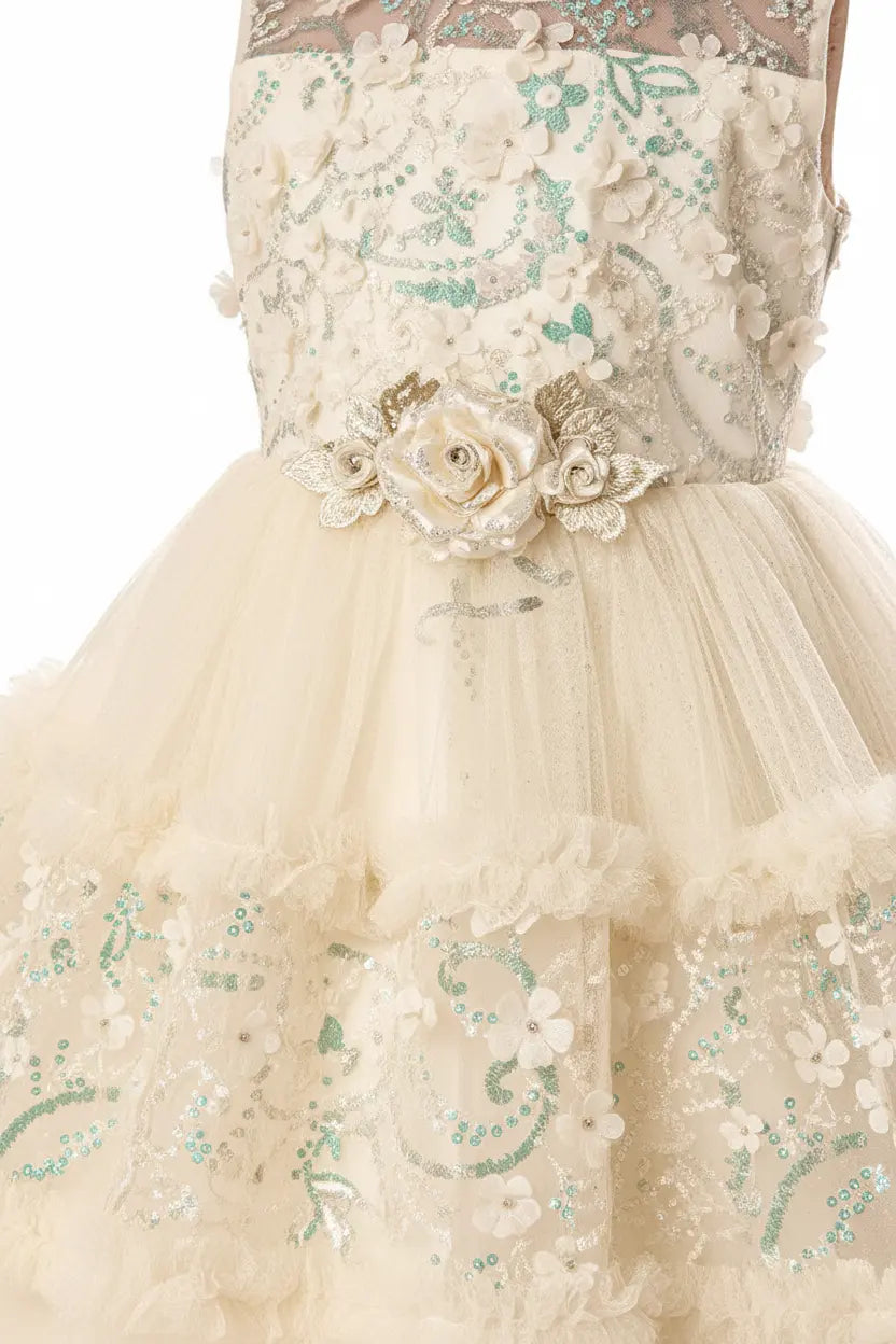 Elegant dress with floral embroidery and lace details on a white background