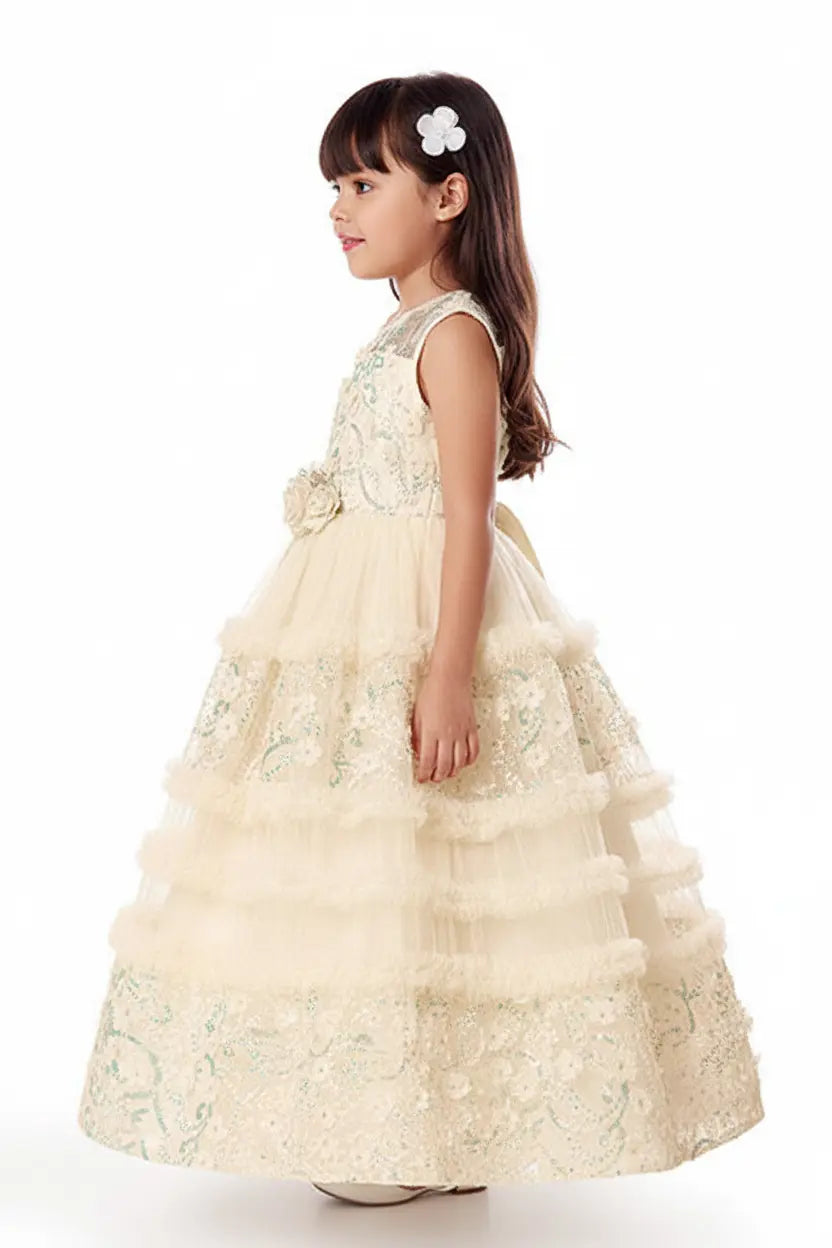 Young girl wearing a floral dress on a white background