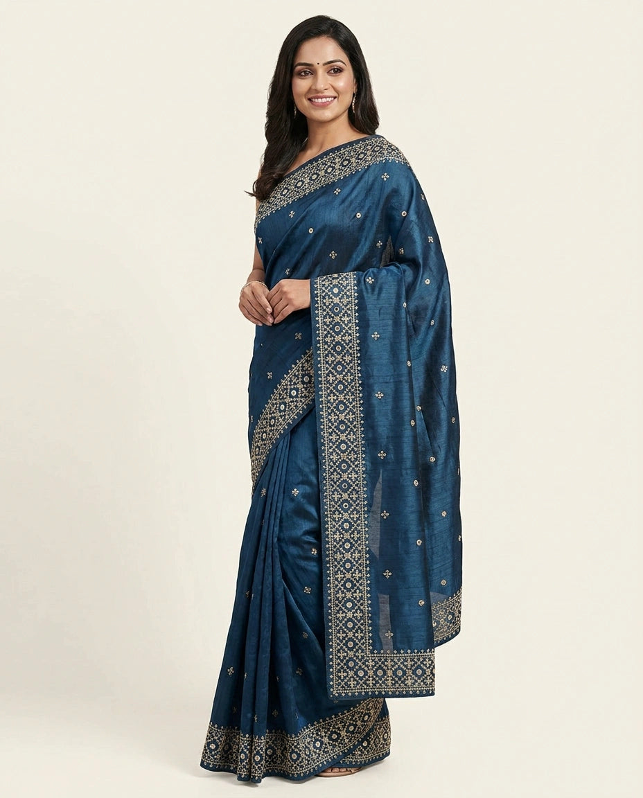 Embroidered Saree in Tussar Silk - Rangoli India