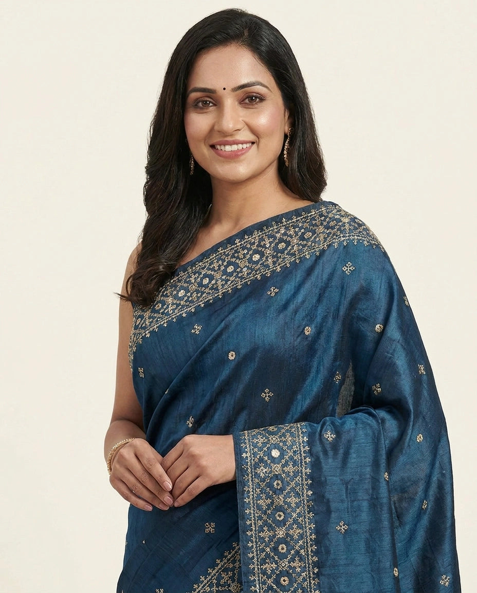 Embroidered Saree in Tussar Silk - Rangoli India