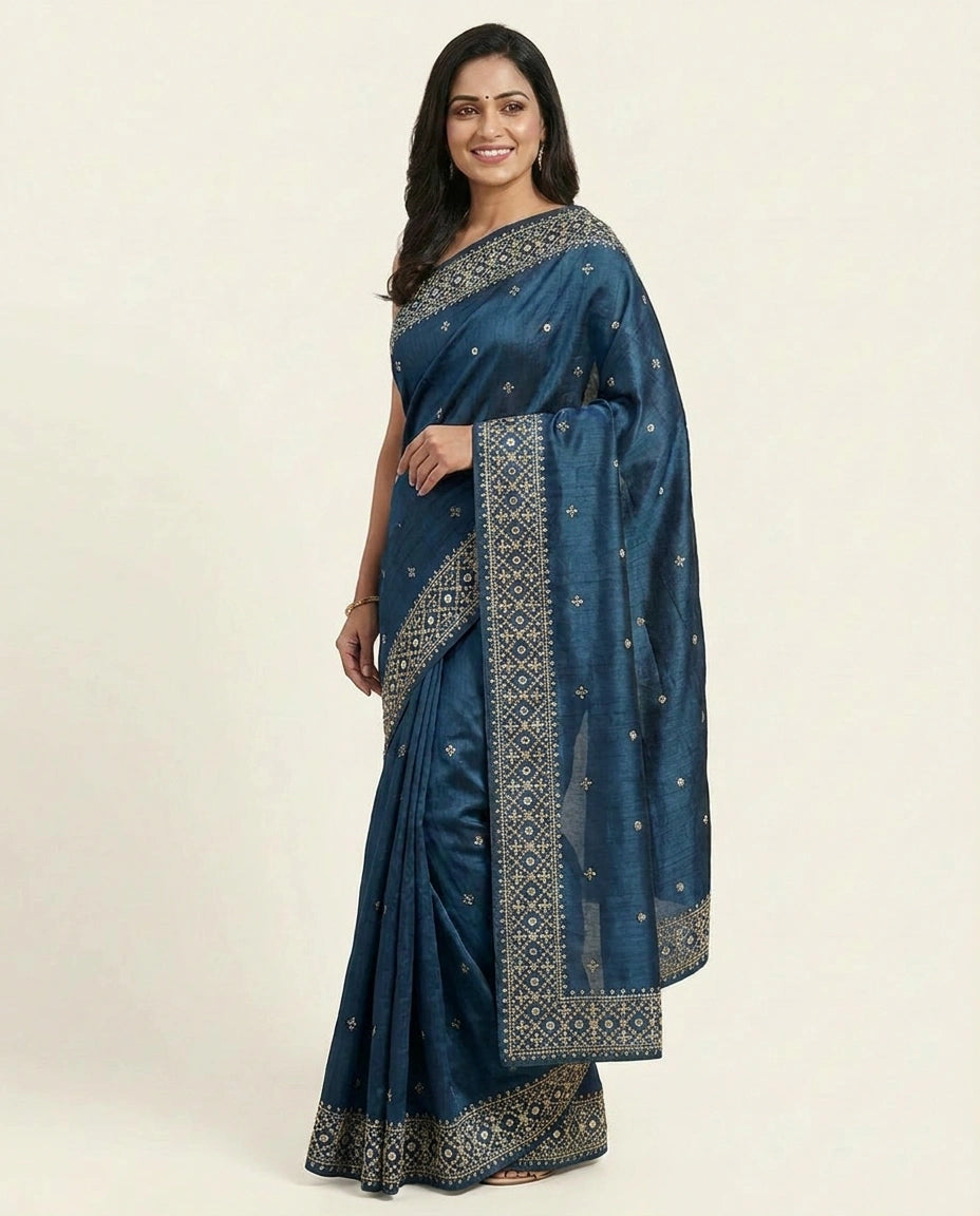 Embroidered Saree in Tussar Silk - Rangoli India