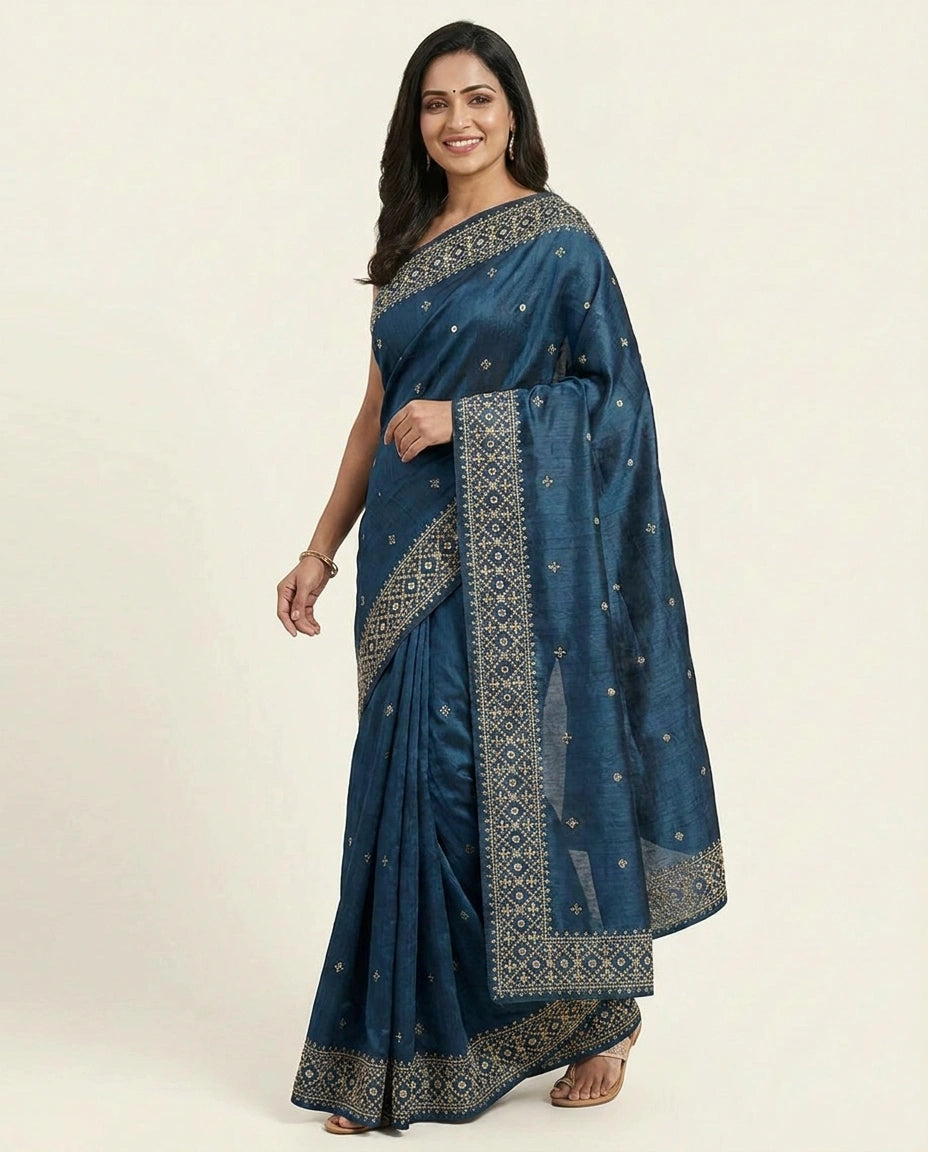 Embroidered Saree in Tussar Silk - Rangoli India