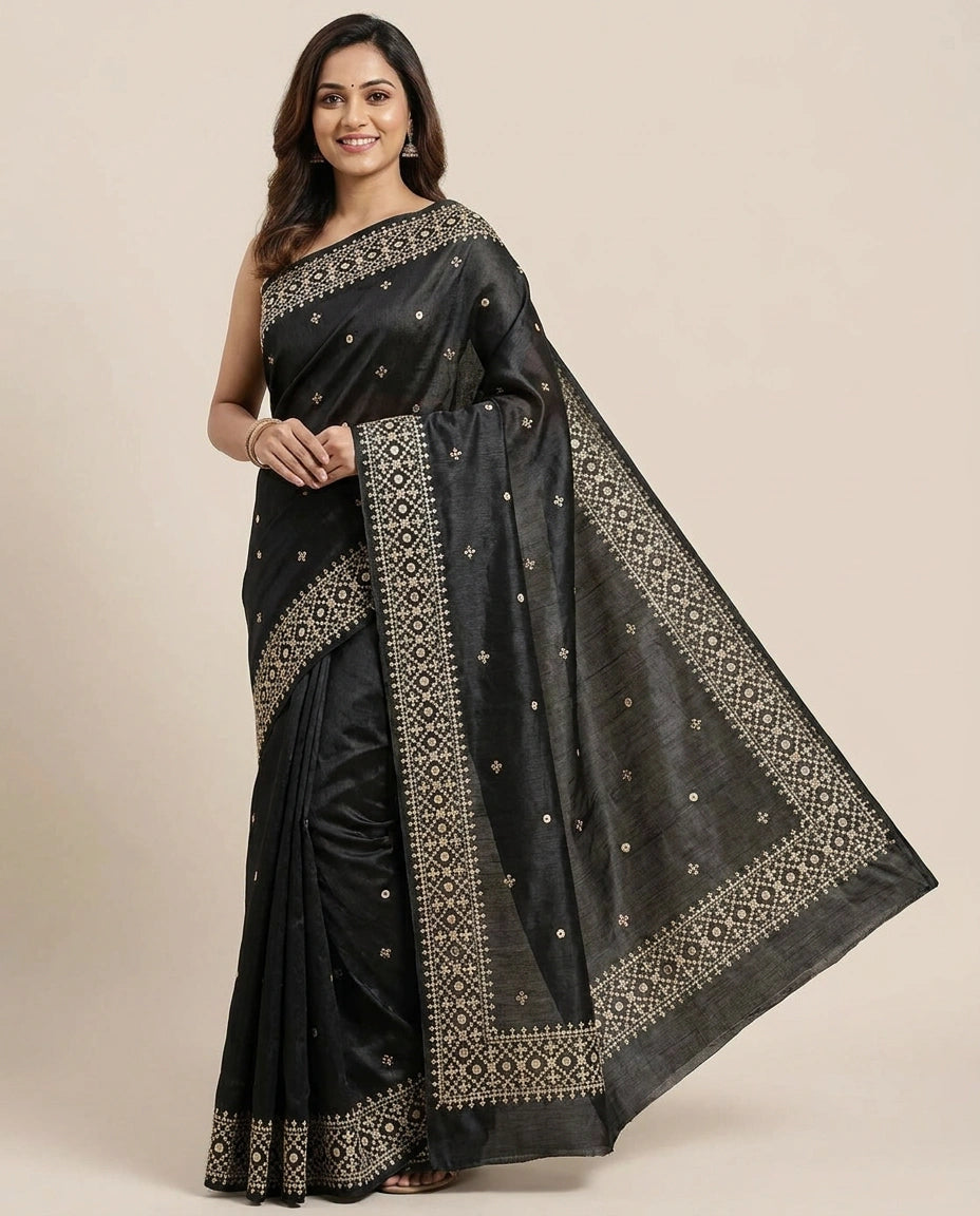 Embroidered Saree in Tussar Silk - Rangoli India