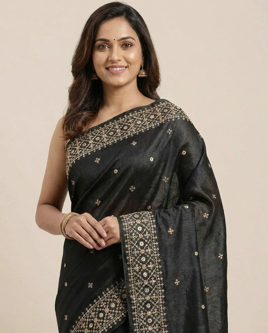 Embroidered Saree in Tussar Silk - Rangoli India