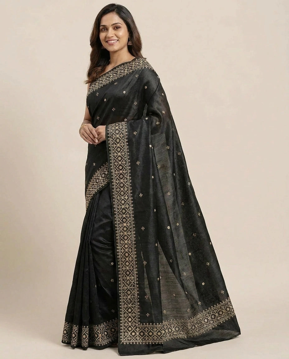 Embroidered Saree in Tussar Silk - Rangoli India
