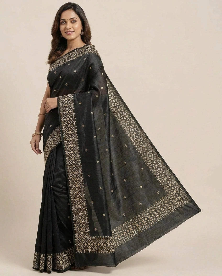 Embroidered Saree in Tussar Silk - Rangoli India