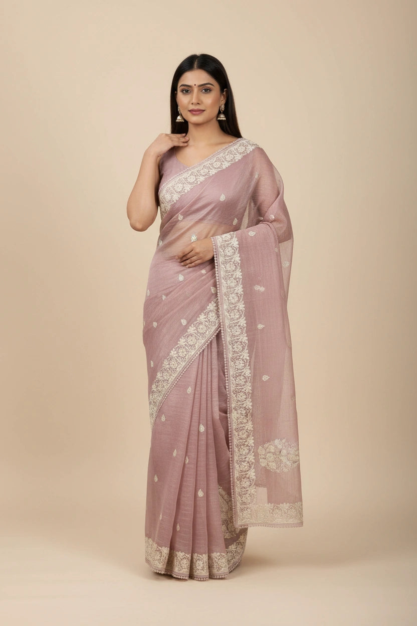 Embroidered Crush Tissue Saree with Floral Resham Work | Rangoli
