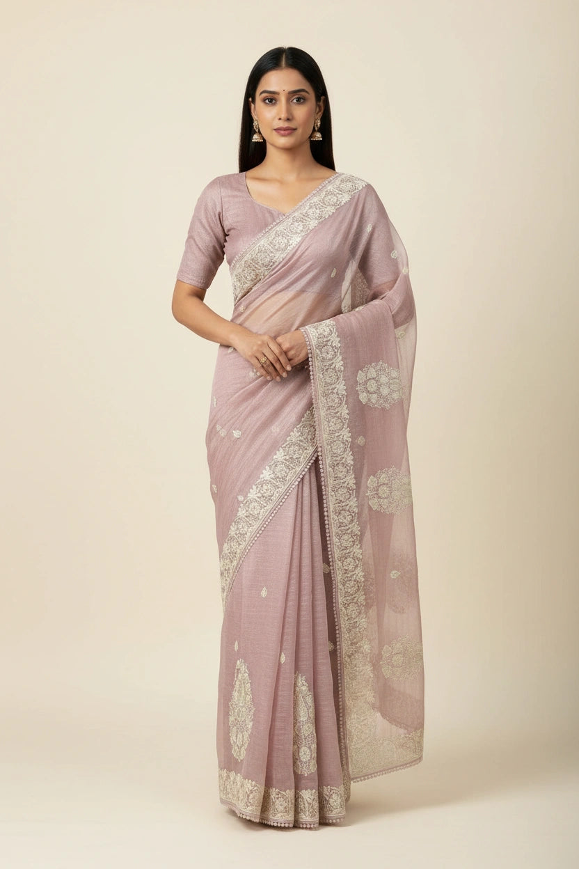 Embroidered Crush Tissue Saree with Floral Resham Work - View 2 | Rangoli