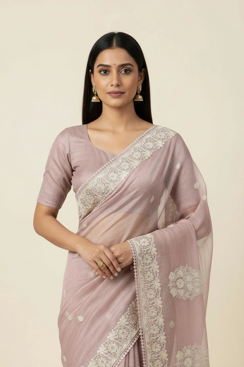 Embroidered Crush Tissue Saree with Floral Resham Work - View 3 | Rangoli